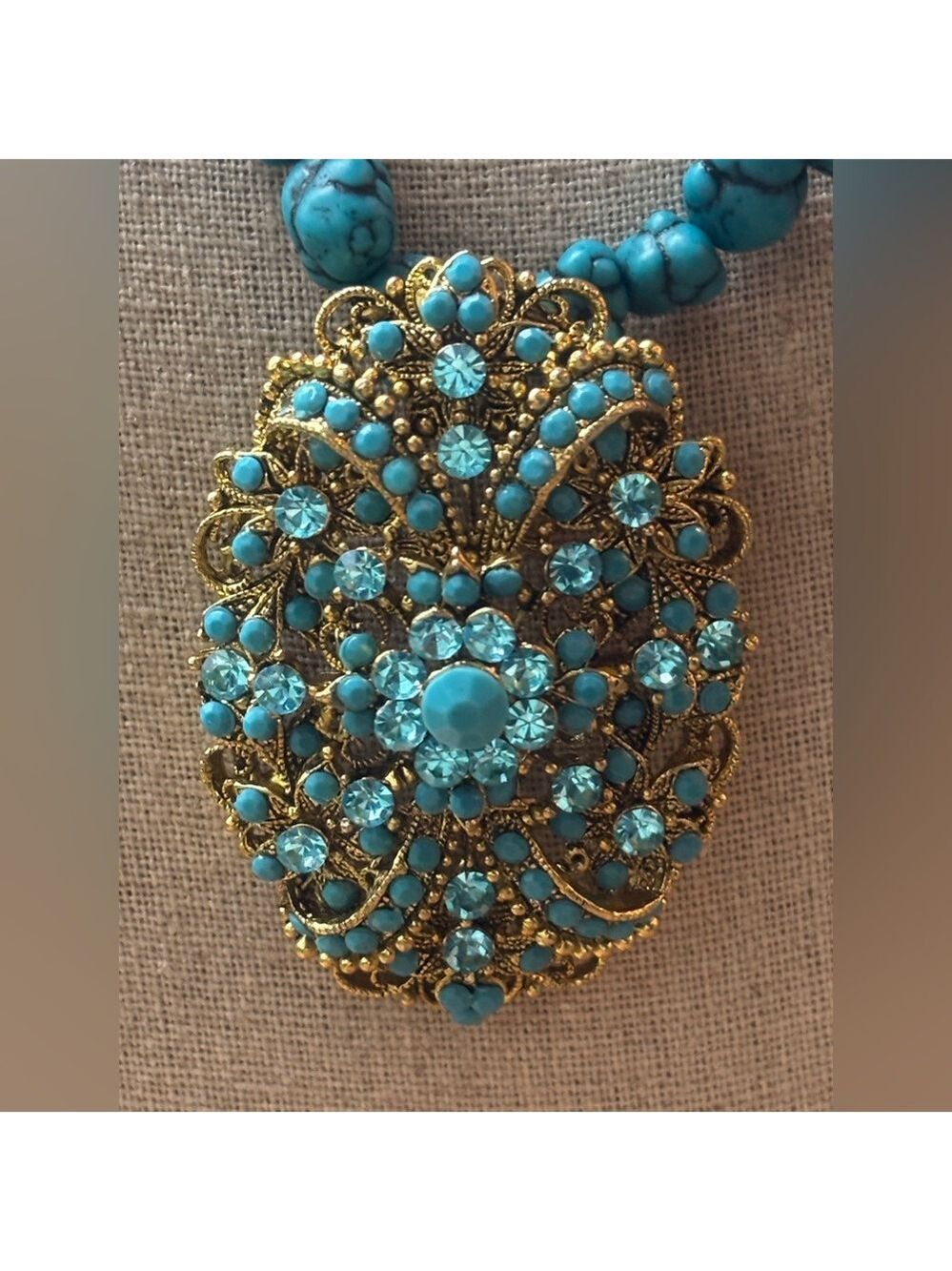 💙 RARE 1928 Designer Turquoise Blue Stone Statement Necklace • Crystal Medallion - Picture 5 of 14